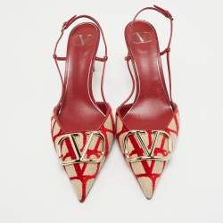 Pre Owned Valentino Red/White Canvas and Leather VLogo Slingback Pumps Size 40