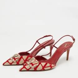 Pre Owned Valentino Red/White Canvas and Leather VLogo Slingback Pumps Size 40