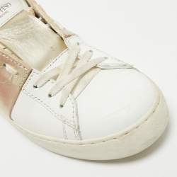 Pre Owned Valentino White/Gold Leather Rockstud Low Top Sneakers Size 37.5