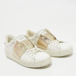 Pre Owned Valentino White/Gold Leather Rockstud Low Top Sneakers Size 37.5