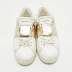 Pre Owned Valentino White/Gold Leather Rockstud Low Top Sneakers Size 37.5