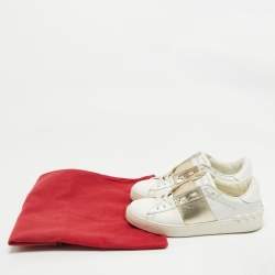 Pre Owned Valentino White/Gold Leather Rockstud Low Top Sneakers Size 37.5