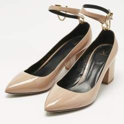 Pre Owned Valentino Beige Patent Leather Tango Block Heel Ankle Strap Pumps Size 40.5