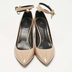 Pre Owned Valentino Beige Patent Leather Tango Block Heel Ankle Strap Pumps Size 40.5