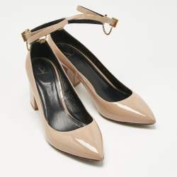 Pre Owned Valentino Beige Patent Leather Tango Block Heel Ankle Strap Pumps Size 40.5