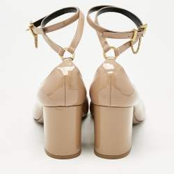 Pre Owned Valentino Beige Patent Leather Tango Block Heel Ankle Strap Pumps Size 40.5