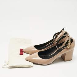 Pre Owned Valentino Beige Patent Leather Tango Block Heel Ankle Strap Pumps Size 40.5
