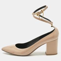 Pre Owned Valentino Beige Patent Leather Tango Block Heel Ankle Strap Pumps Size 40.5