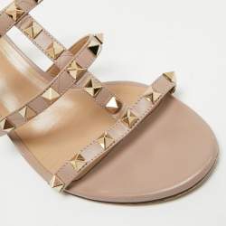 Pre Owned Valentino Beige Leather Rockstud Slide Sandals Size 39