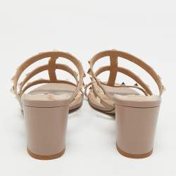 Pre Owned Valentino Beige Leather Rockstud Slide Sandals Size 39