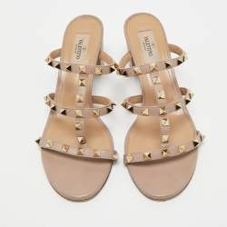 Pre Owned Valentino Beige Leather Rockstud Slide Sandals Size 39