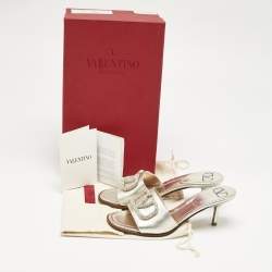 Pre Owned Valentino Gold Leather VLogo Crystals Slide Sandals Size 36.5