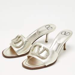 Pre Owned Valentino Gold Leather VLogo Crystals Slide Sandals Size 36.5