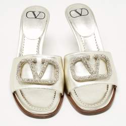 Pre Owned Valentino Gold Leather VLogo Crystals Slide Sandals Size 36.5