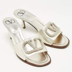 Pre Owned Valentino Gold Leather VLogo Crystals Slide Sandals Size 36.5