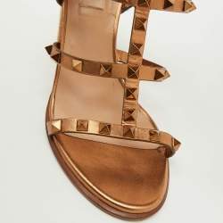 Pre Owned Valentino Bronze Leather Rockstud Cage Ankle Strap Sandals Size 38.5