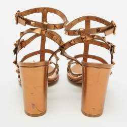 Pre Owned Valentino Bronze Leather Rockstud Cage Ankle Strap Sandals Size 38.5