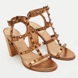 Pre Owned Valentino Bronze Leather Rockstud Cage Ankle Strap Sandals Size 38.5