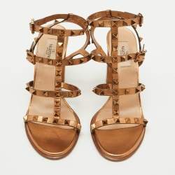 Pre Owned Valentino Bronze Leather Rockstud Cage Ankle Strap Sandals Size 38.5
