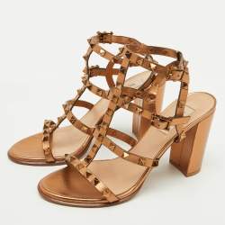 Pre Owned Valentino Bronze Leather Rockstud Cage Ankle Strap Sandals Size 38.5