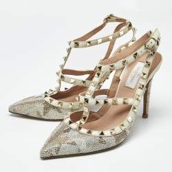Pre Owned Valentino Multicolor Leather Crystal Embellished Rockstud  Ankle Strap Pumps Size 38