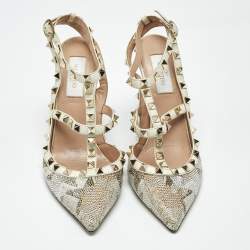 Pre Owned Valentino Multicolor Leather Crystal Embellished Rockstud  Ankle Strap Pumps Size 38