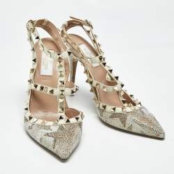 Pre Owned Valentino Multicolor Leather Crystal Embellished Rockstud  Ankle Strap Pumps Size 38