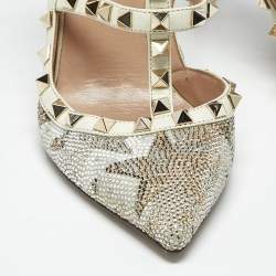 Pre Owned Valentino Multicolor Leather Crystal Embellished Rockstud  Ankle Strap Pumps Size 38