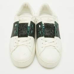 Pre Owned Valentino White/Green Glitter and Leather Rockstud Low Top Sneakers Size 38