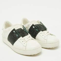Pre Owned Valentino White/Green Glitter and Leather Rockstud Low Top Sneakers Size 38