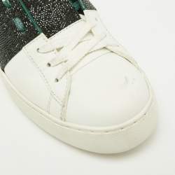 Pre Owned Valentino White/Green Glitter and Leather Rockstud Low Top Sneakers Size 38