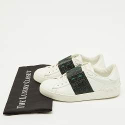 Pre Owned Valentino White/Green Glitter and Leather Rockstud Low Top Sneakers Size 38