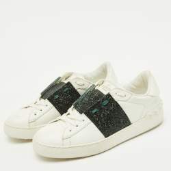 Pre Owned Valentino White/Green Glitter and Leather Rockstud Low Top Sneakers Size 38