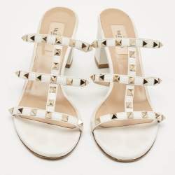 Pre Owned Valentino White Leather Rockstud Slide Sandals Size 38.5