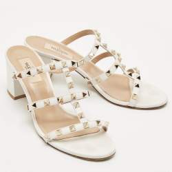 Pre Owned Valentino White Leather Rockstud Slide Sandals Size 38.5