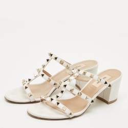 Pre Owned Valentino White Leather Rockstud Slide Sandals Size 38.5