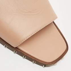 Pre Owned Valentino Beige Leather Soul Rockstud Flat Slide Sandals Size 38