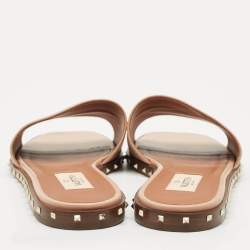 Pre Owned Valentino Beige Leather Soul Rockstud Flat Slide Sandals Size 38