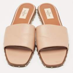 Pre Owned Valentino Beige Leather Soul Rockstud Flat Slide Sandals Size 38