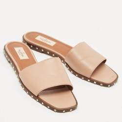 Pre Owned Valentino Beige Leather Soul Rockstud Flat Slide Sandals Size 38