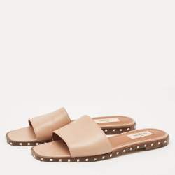Pre Owned Valentino Beige Leather Soul Rockstud Flat Slide Sandals Size 38