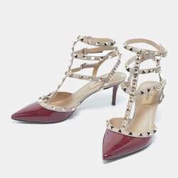 Pre Owned Valentino Burgundy/Beige Patent Leather Rockstud Ankle Strap Pumps Size 38
