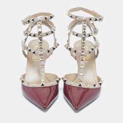 Pre Owned Valentino Burgundy/Beige Patent Leather Rockstud Ankle Strap Pumps Size 38