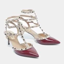 Pre Owned Valentino Burgundy/Beige Patent Leather Rockstud Ankle Strap Pumps Size 38