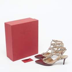 Pre Owned Valentino Burgundy/Beige Patent Leather Rockstud Ankle Strap Pumps Size 38