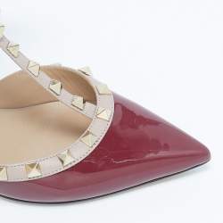 Pre Owned Valentino Burgundy/Beige Patent Leather Rockstud Ankle Strap Pumps Size 38
