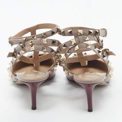 Pre Owned Valentino Burgundy/Beige Patent Leather Rockstud Ankle Strap Pumps Size 38