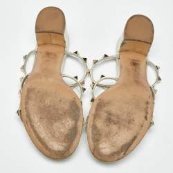 Pre Owned Valentino Metallic Silver Leather Rockstud Caged Slide Sandals Size 36