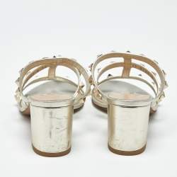 Pre Owned Valentino Metallic Silver Leather Rockstud Caged Slide Sandals Size 36