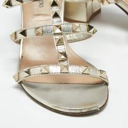 Pre Owned Valentino Metallic Silver Leather Rockstud Caged Slide Sandals Size 36